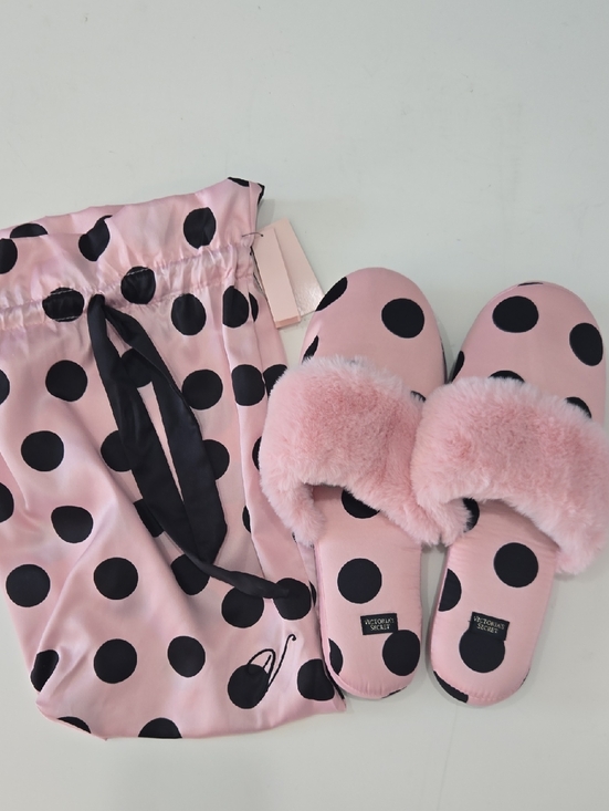 Victoria's Secret Shoes - Victoria's Secret Pink & Black Polka Dot Fuzzy Slide Slippers